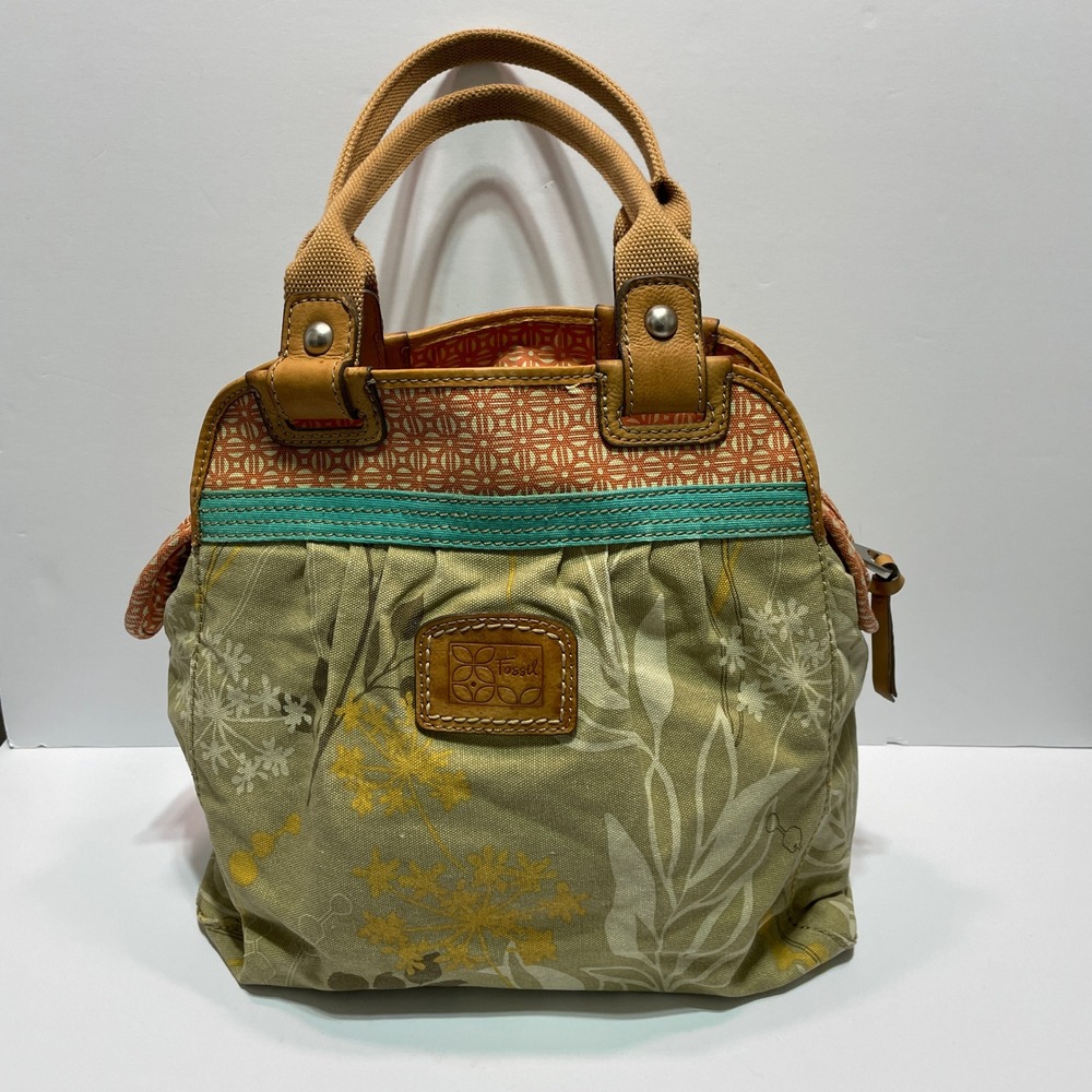 Fossil Key-Per Canvas Bag Floral Botanical Green Orange Leather Trim